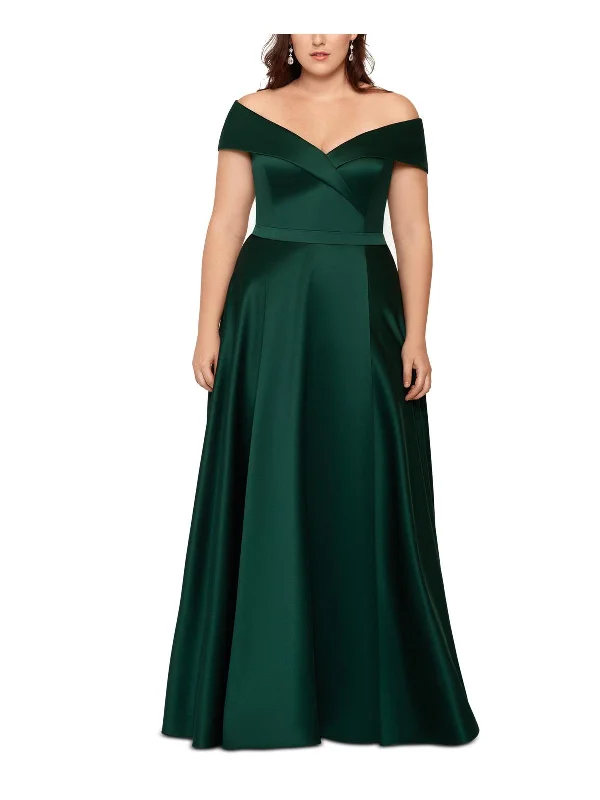 Plus Womens Off-The-Shoulder Satin Evening Dress