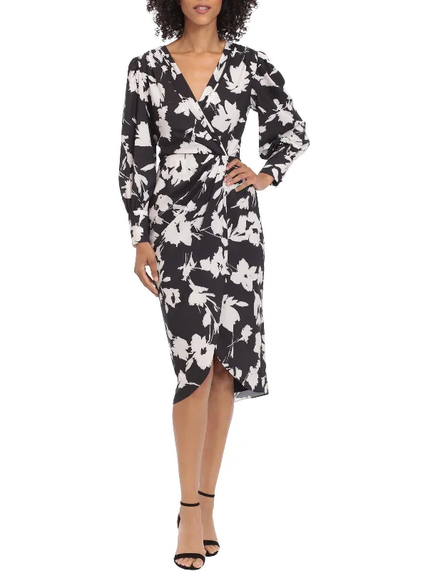 Womens Printed V Neck Midi Dress