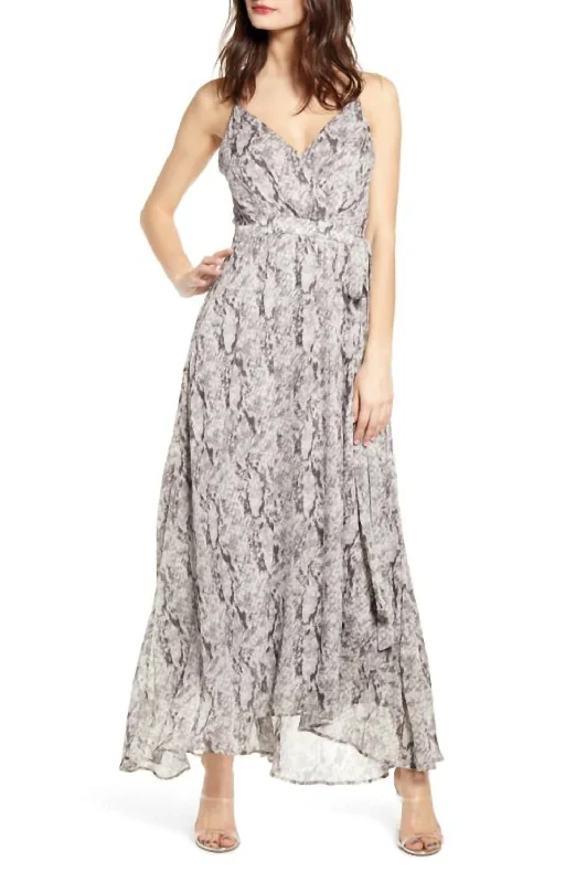 Snake Print Strappy V Neck Chiffon Maxi Dress In Gray