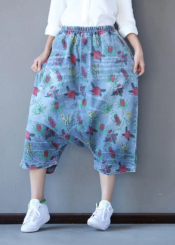 Handmade Denim Blue Elastic Waist Oversized Print Cotton Harem Pants Spring