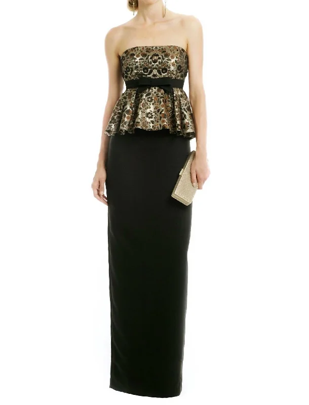 Brocade Peplum Strapless Column Embellished Long Dress In Black/gold