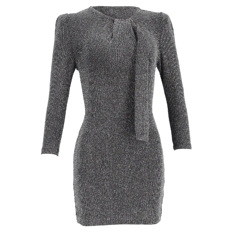 Iro Perk Knitted Mini Tie-Neck Long Sleeve Dress in Metallic Silver Nylon