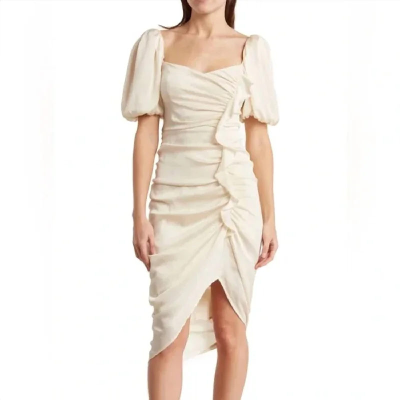 Emma Ruched Bubble Sleeve Midi Dress In Ivory