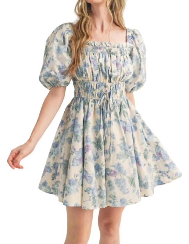 Floral Puff Sleeve Mini Dress In Ivory Blue