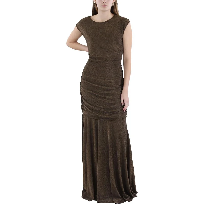 Womens Metallic Ruched Evening Dress