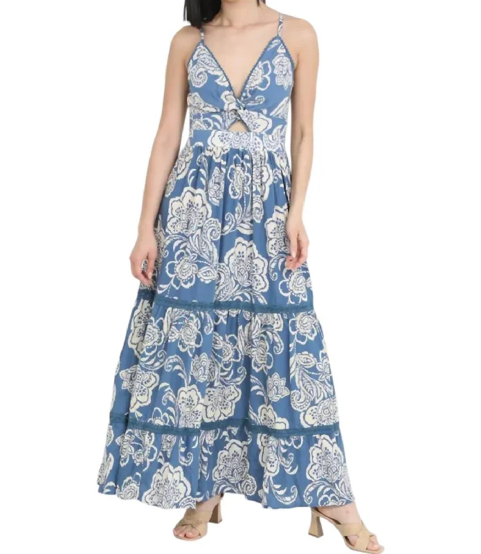 Floral Print Maxi Dress In Blue/cream