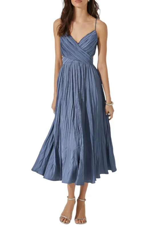 Capitola Pleated Midi Dress In Slate Blue