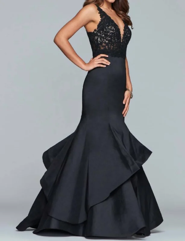 Beaded Bodice Evening Gown in Black