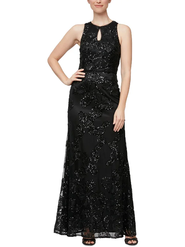 Womens Mesh Cut-Out Evening Dress