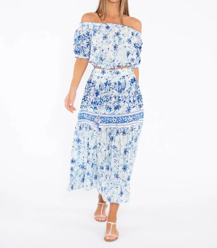 Raisa Off The Shoulder Floral Maxi Dress In Blue Romantic Border