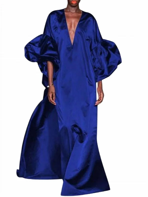 Loose Puff Sleeves V-Neck Maxi Dress In Blue