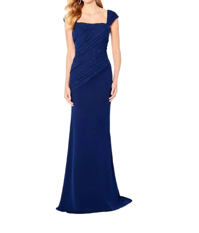 Beaded Long Sheath Dress In Navy