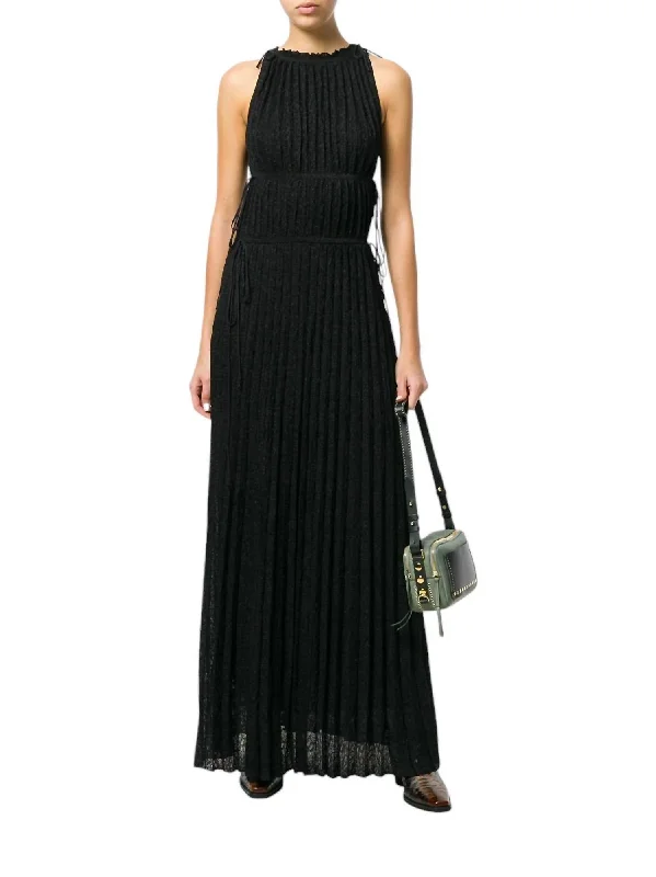 Knit Floral Glitter Pleated Long Maxi Dress In Black