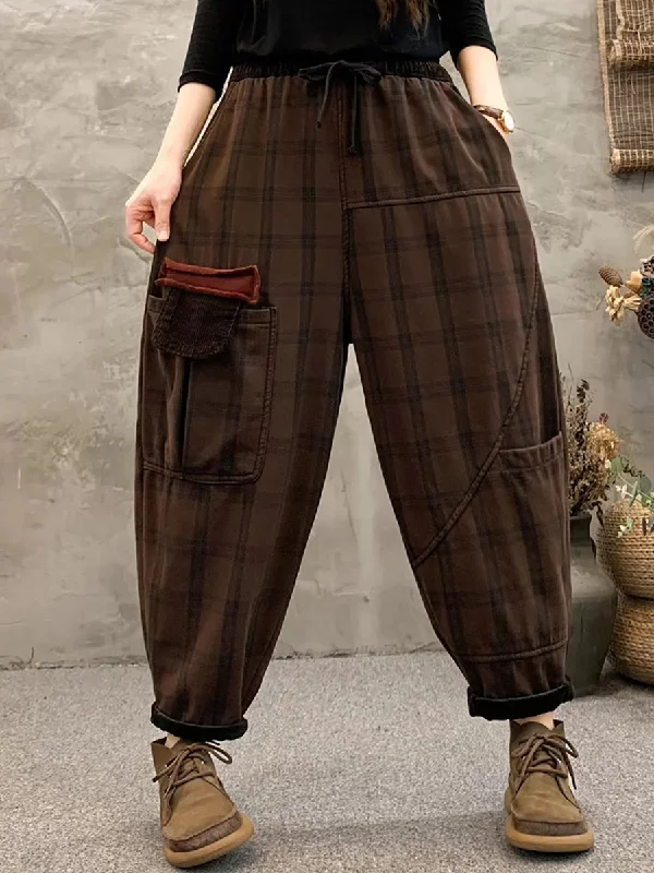 Plus Size Women Vintage Plaid Pocket Fleece-Lined Pants