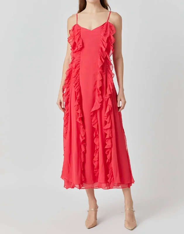 Chiffon Ruffled Spaghetti Maxi Dress In Red