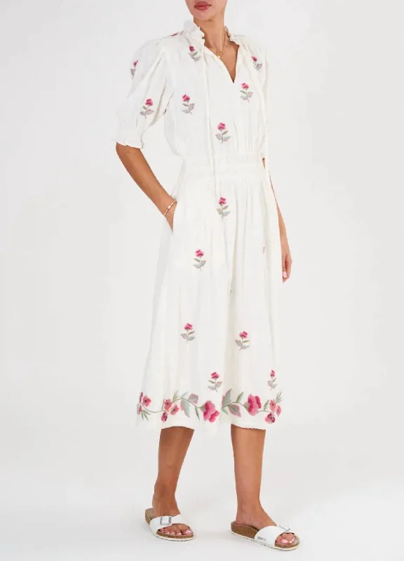 Tila Embroidered Midi Dress In Ecru