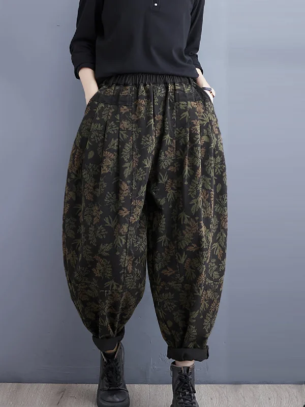 Women Vintage Leaf Print Winter Denim Harem Pants