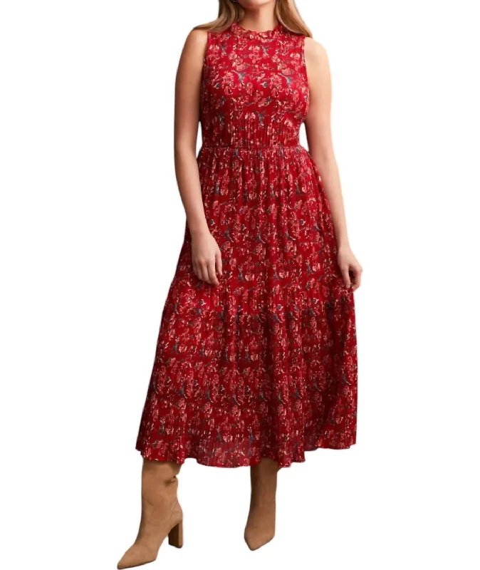 Printed Plisse Halter Maxi Dress In Red