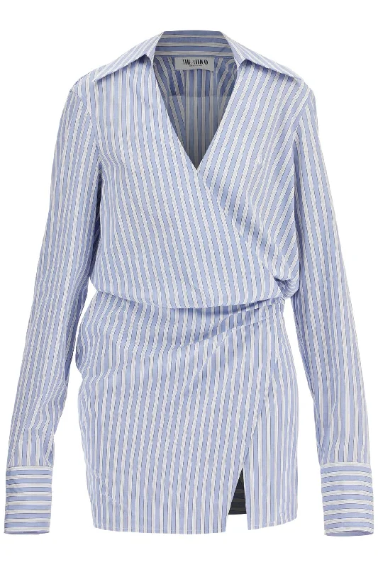 The Attico Women's Mini Striped Dress With V-Neck*** Long Sleeves***  And blue Cotton*** Tied Waist