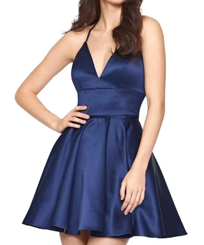 Deep V Babydoll Short Satin Dress In Navy