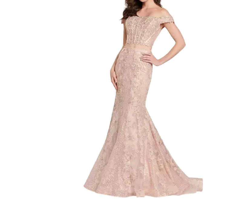 2 Piece Off Shoulder Lace Bead Tulle Prom Dress In Rose Gold