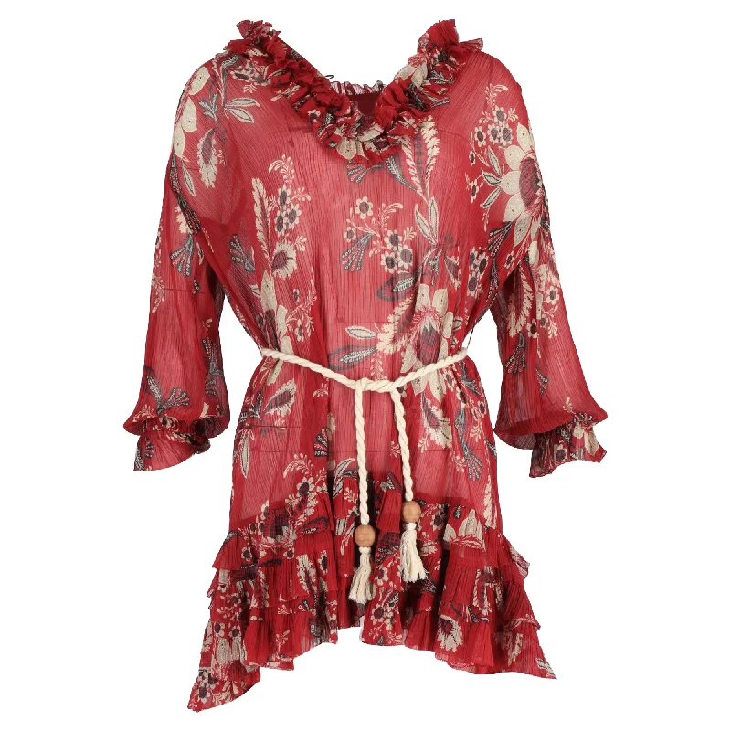 Zimmermann Floral Print Mini Ruffled Dress in Red Polyester