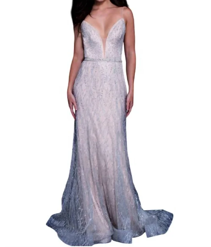 Plunging V-Neck Prom Dress In Nude/siver