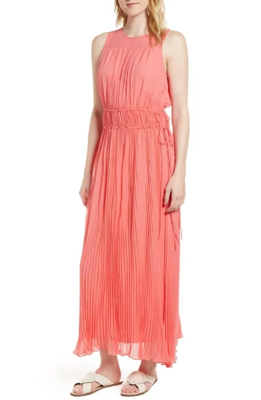 Silk Pleated Maxi Dress In Coral