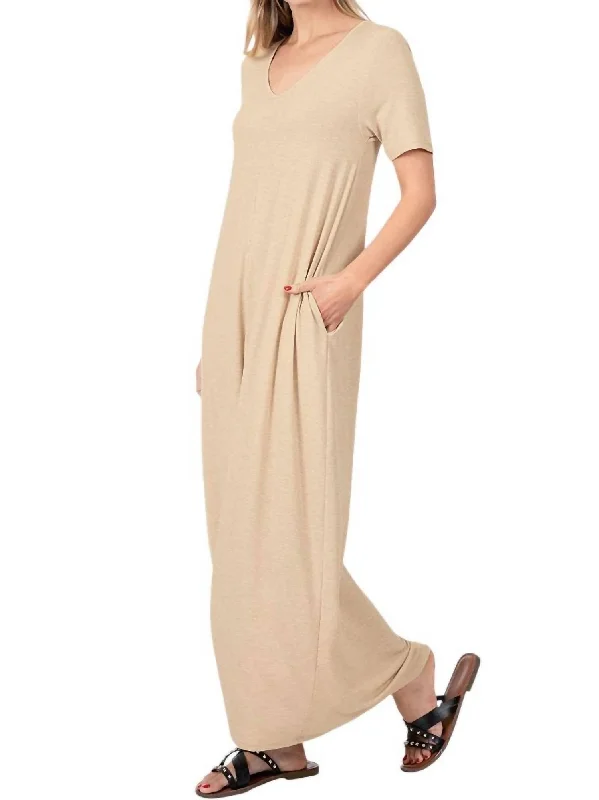 V-Neck Short Sleeve Maxi Dress In Beige