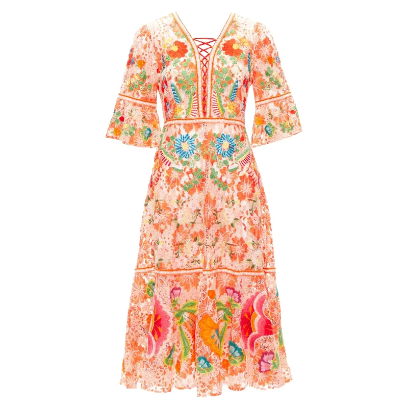 Vivienne Tam floral cotton lace laced up midi dress