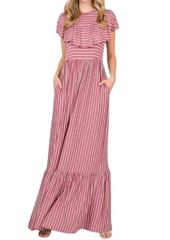 Striped Ruffle Top Maxi Dress In Mauve