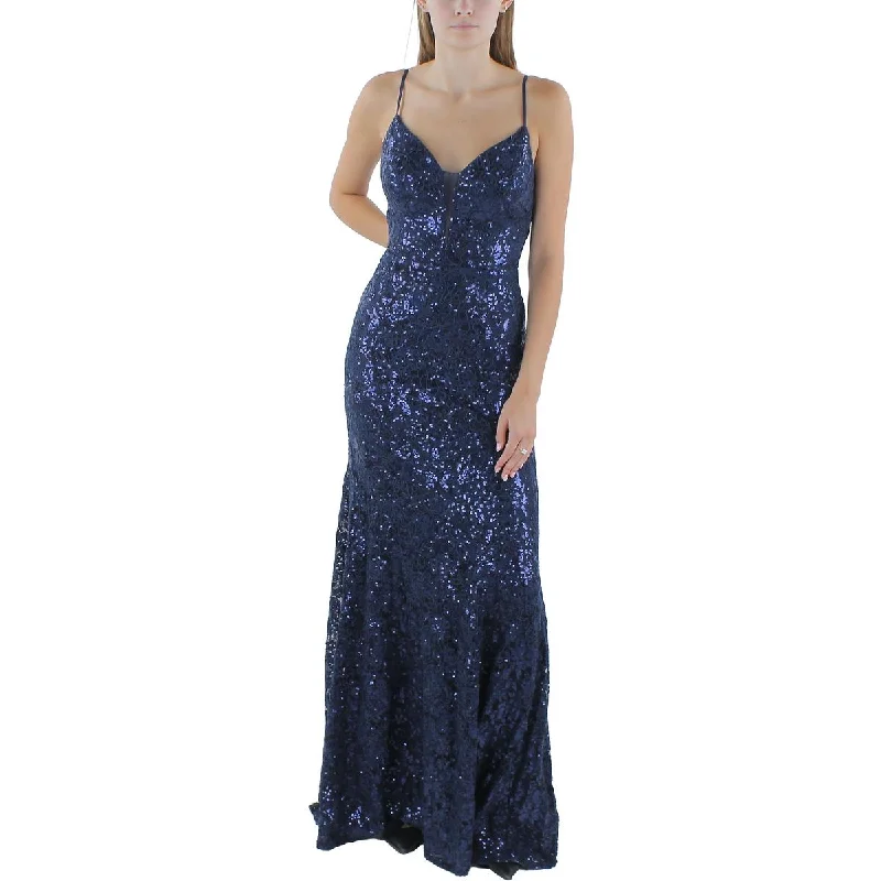 Juniors Womens Sequined Embroidered Evening Dress