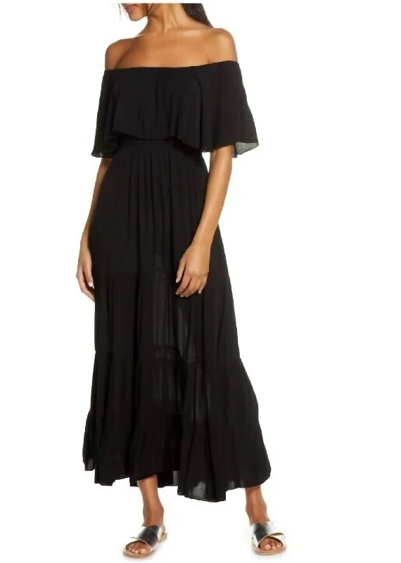 Off The Shoulder Ruffle Cover Up Elastic Waist Maxi Dress In Black