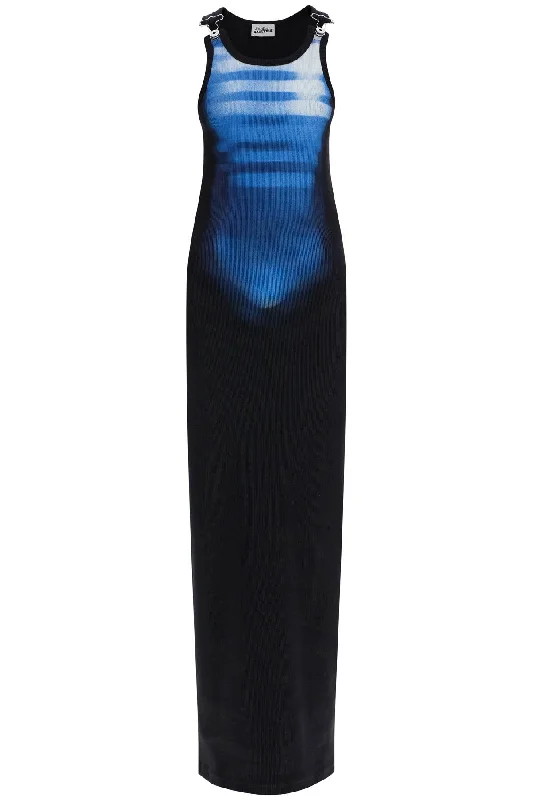 Jean Paul Gaultier Women's Long Fitted Sleeveless Dress In blue Ribbed Cotton