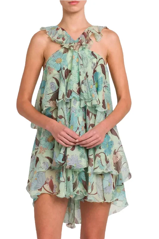 Garden Print Frill Mini Dress In Multicolor Mint