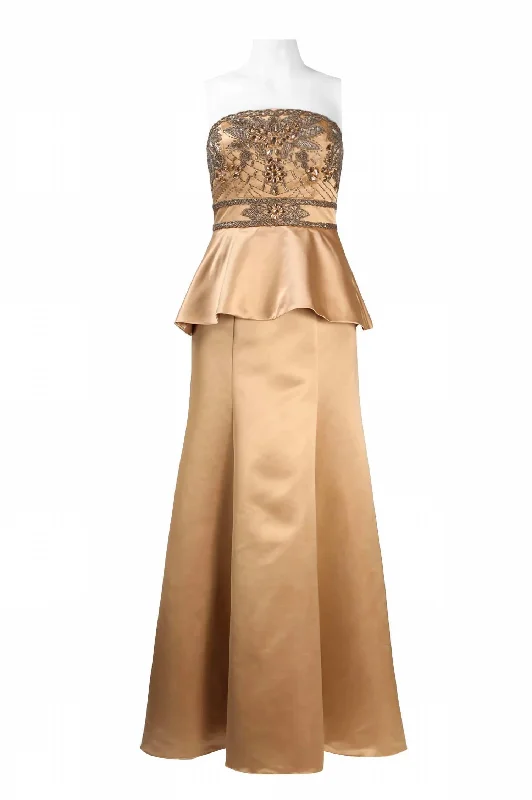 Beaded Peplum Evening Dress In Gold