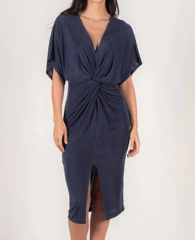 V-Neck Fitted Midi Dress In Navy