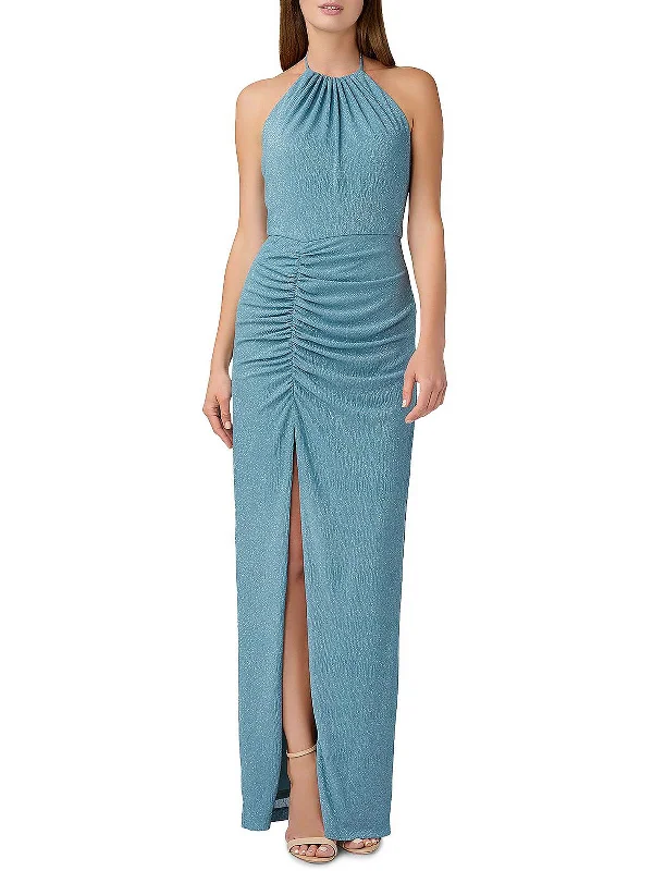 Womens Metallic Halter Evening Dress