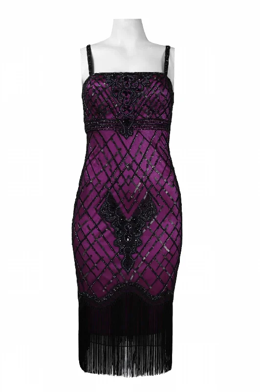 Beaded Sequin Fringe Empire Party Dress In Black Raspberry