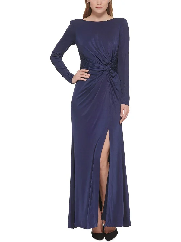 Womens Knot Front Shoulder Pad Evening Dress