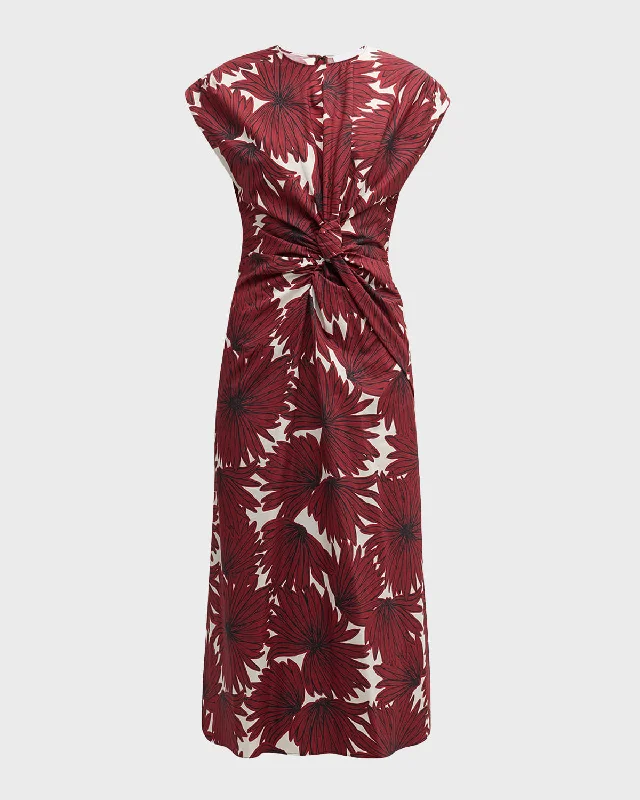 Twist-Front Floral-Print Cotton Midi Dress