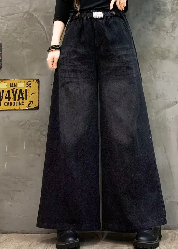 Loose Black Pockets Elastic Waist Denim Wide Leg Pants Fall