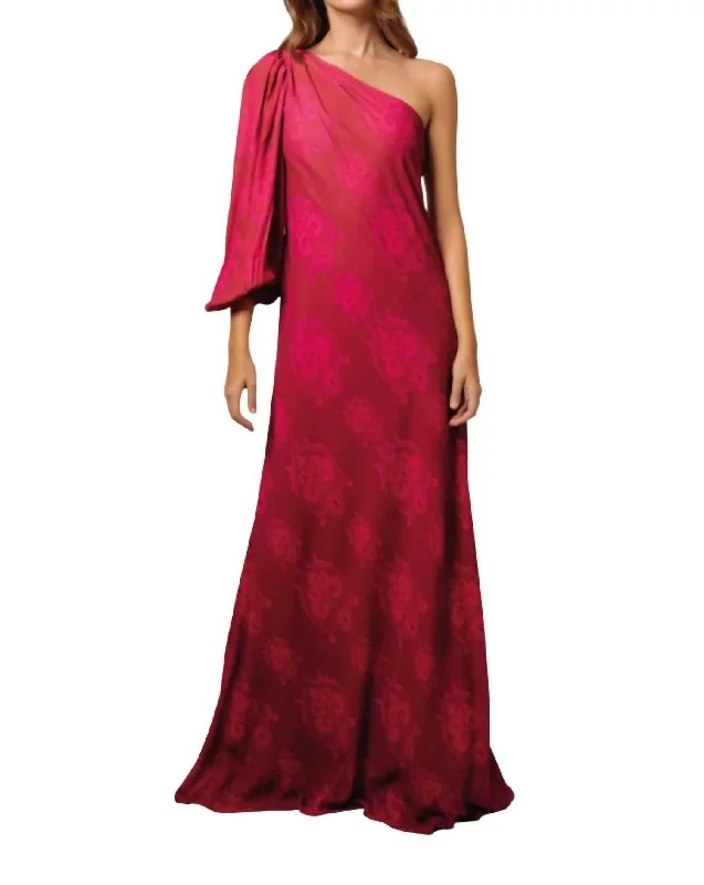 One Shoulder Maxi Dress In Burgundy/hot Pink