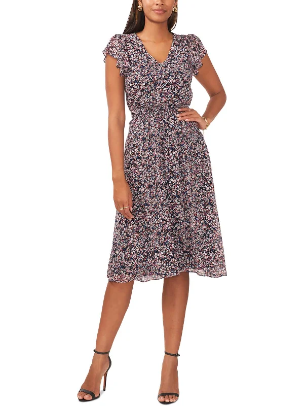 Petites Womens Printed Midi Fit & Flare Dress