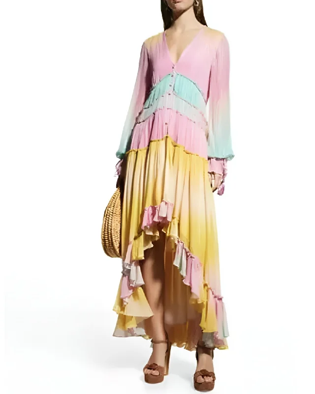 Zale Metallic Pastel High-Low Rainbow Maxi Dress In Multicolor