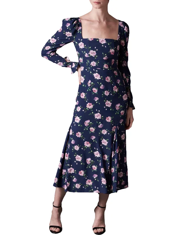 Marianne Womens Floral Puff Sleeve Midi Dress