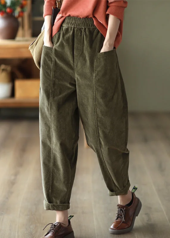 Plus Size Green Pockets Patchwork Corduroy Pants Fall