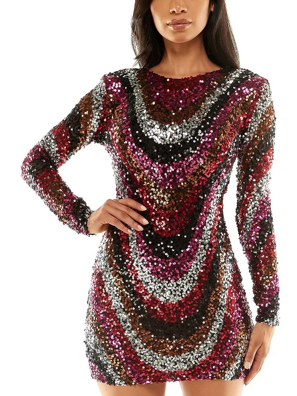 Juniors Womens Sequined Long Sleeves Cocktail and Party Dress