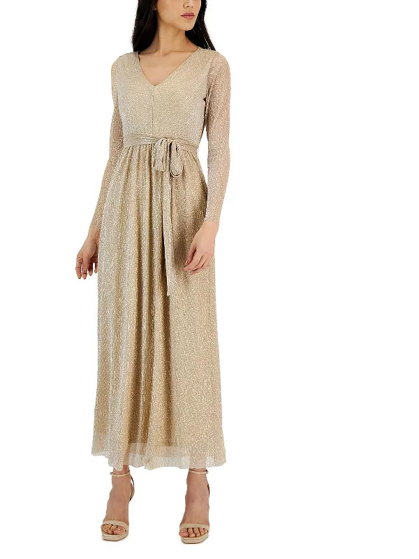 Womens Belted Metallic Evening Dress