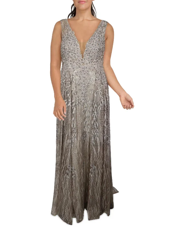 Womens Embellished Illusion Evening Dress